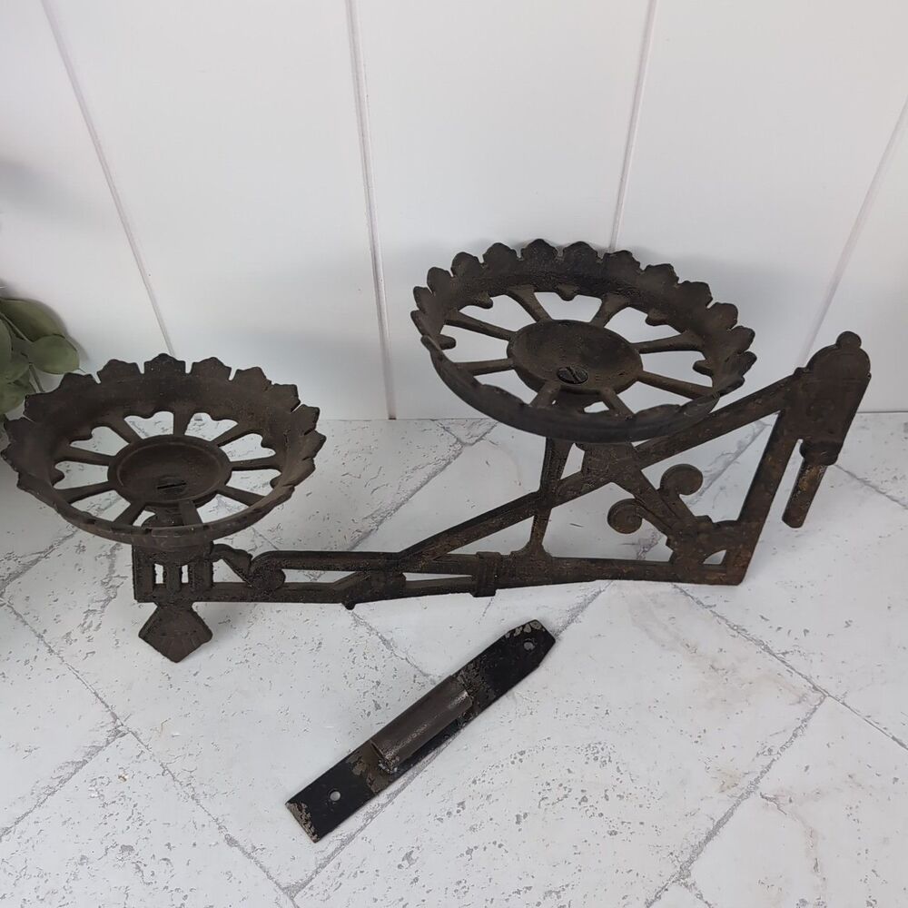 Eastlake  Antique Cast Iron Plant Oil Lamp Double Wall Bracket With Mount Rustic